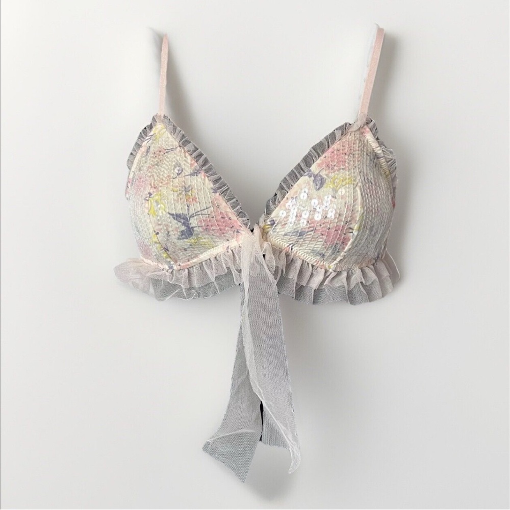 Victoria's Secret VS Bralette Sequin Wireless Wire Free NWT Tulle Ruffle Bow Med